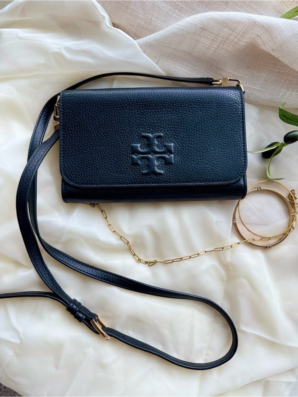 Tory Burch Black Pebbled Leather Crossbody Bag Clutch Flap